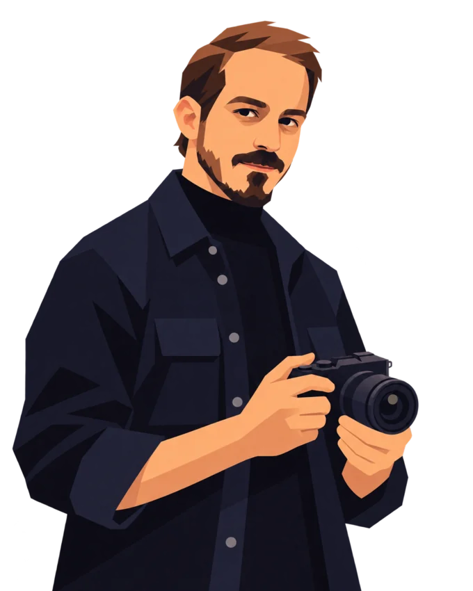 Illustrated portrait of Akis Manolis holding a camera