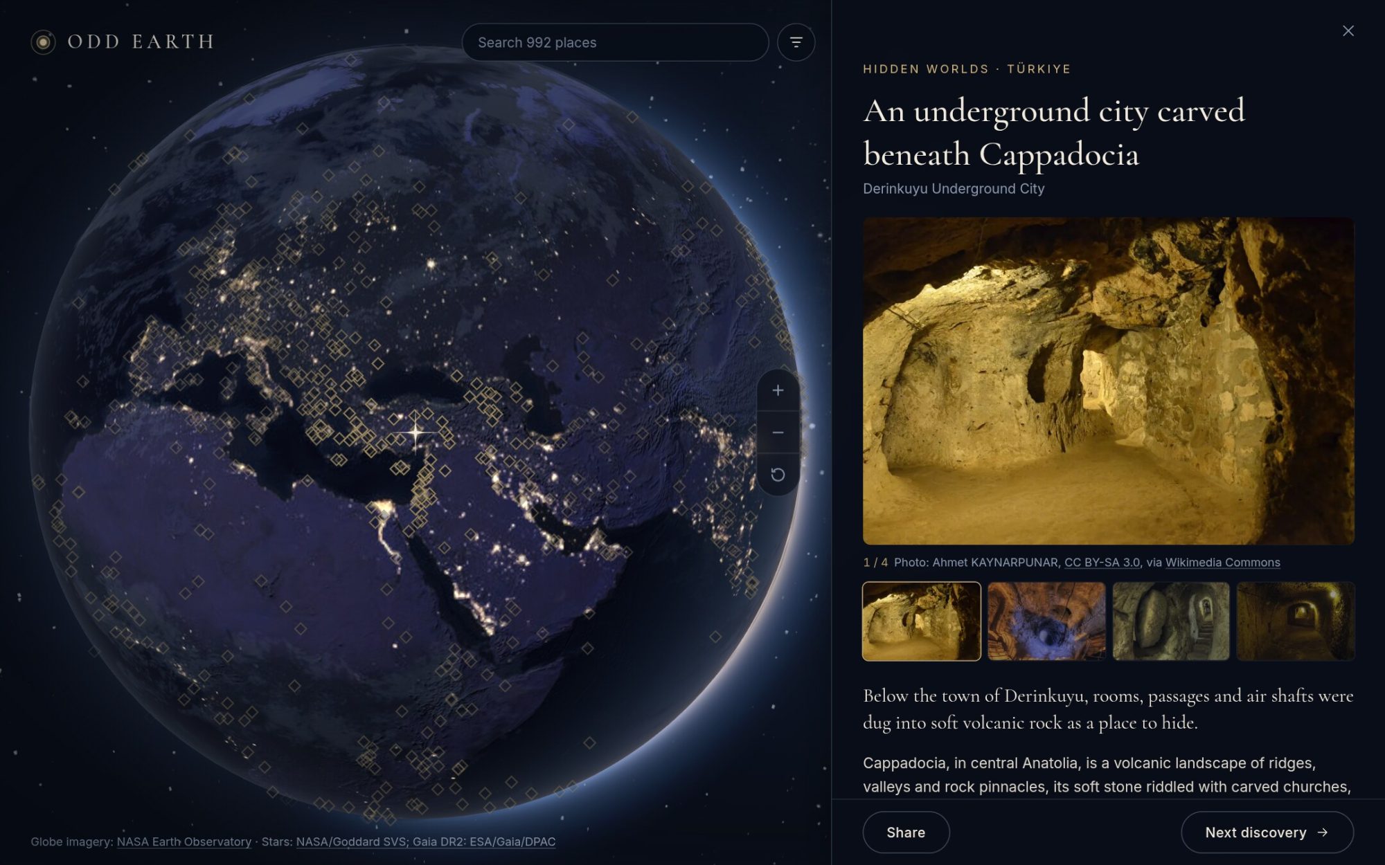 Odd Earth with the globe turned to Türkiye and the story of the Derinkuyu underground city open beside it, with a four-photo gallery and its credits