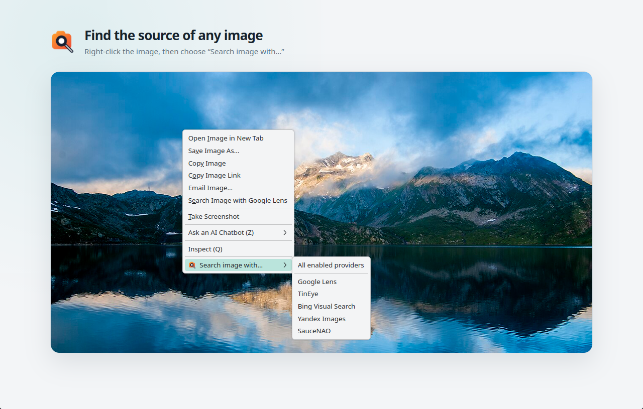 Firefox right-click menu on a mountain lake photo with a "Search image with…" submenu listing All enabled providers, Google Lens, TinEye, Bing Visual Search, Yandex Images and SauceNAO