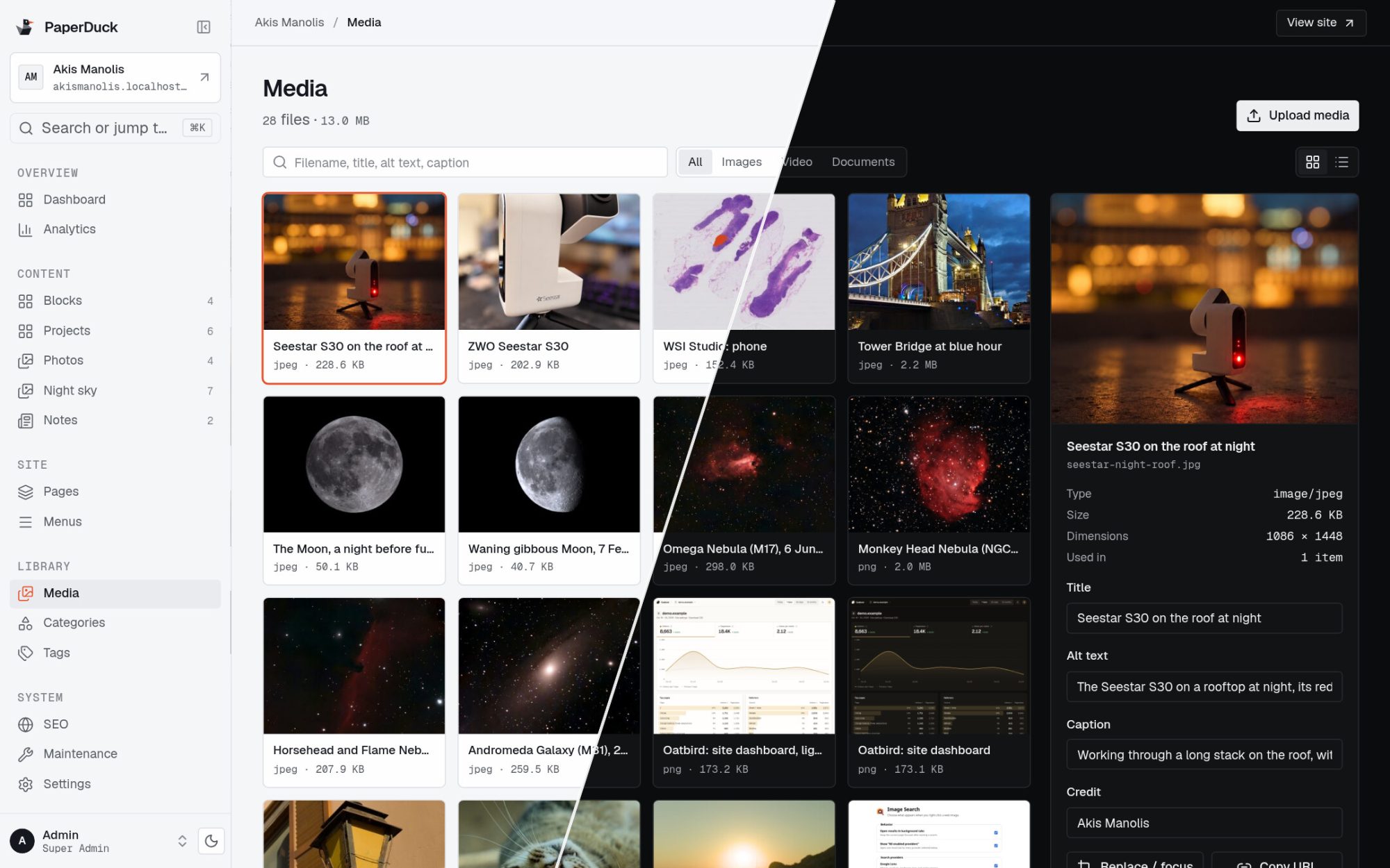 The PaperDuck media library split diagonally between the light and dark themes: a grid of photos and night-sky images, with the selected image's details in a side panel