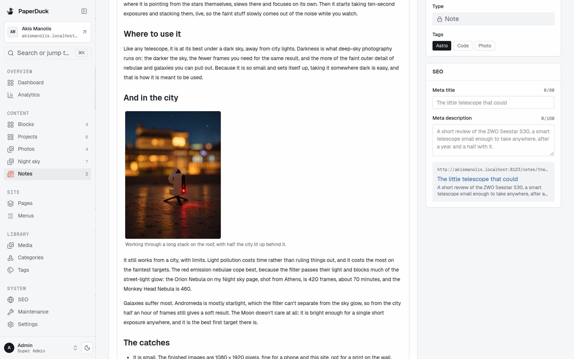The PaperDuck editor open on a note, with an image from the media library placed in the text under a heading, and the tags and SEO preview beside it
