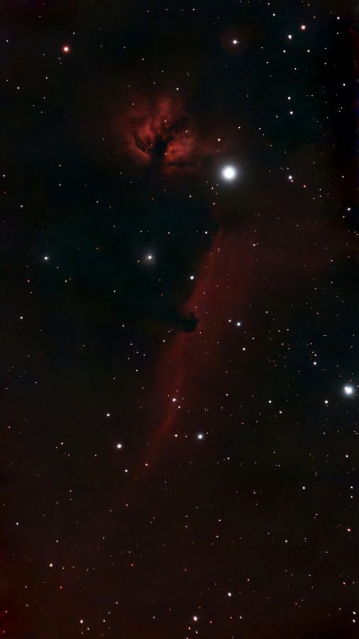 A long red curtain of glowing gas with the dark silhouette of the Horsehead Nebula on its edge; above it the orange Flame Nebula sits beside the bright star Alnitak.