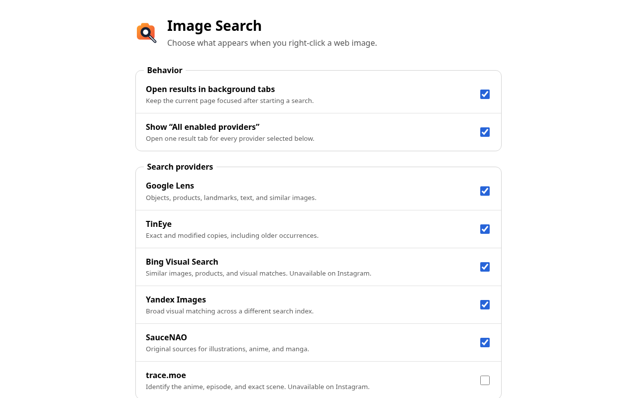 Image Search settings: background tabs and the All enabled providers entry, then a checkbox for each provider with what it is best at