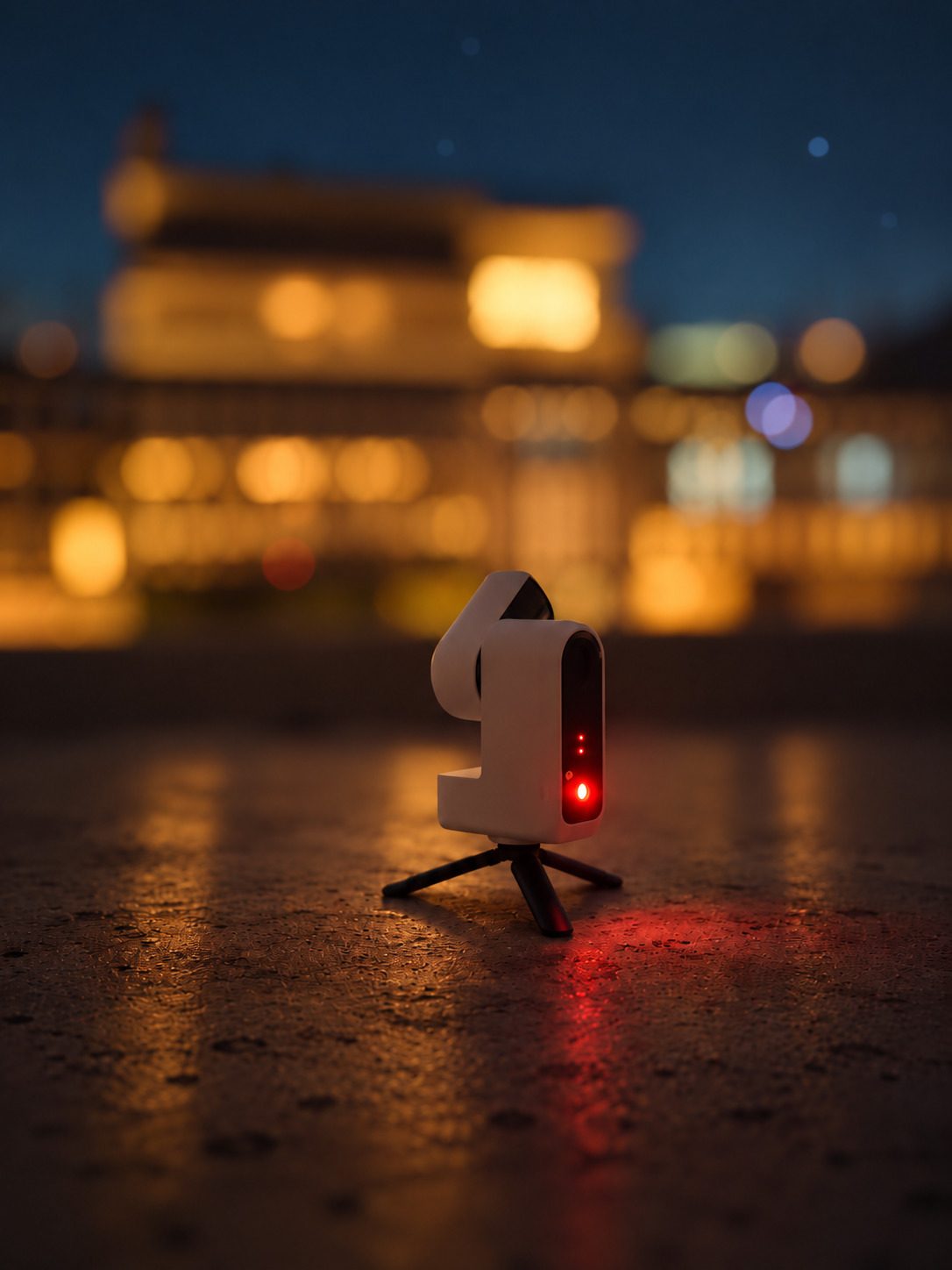 The Seestar S30 on a rooftop at night, its red status light reflected on the ground, with the blurred lights of buildings and a deep blue sky behind it.