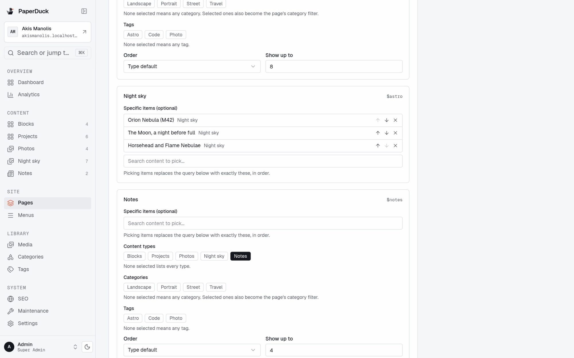The PaperDuck page editor showing the home page's slots: the Night sky slot with three hand-picked images in order, and the Notes slot set to the newest notes