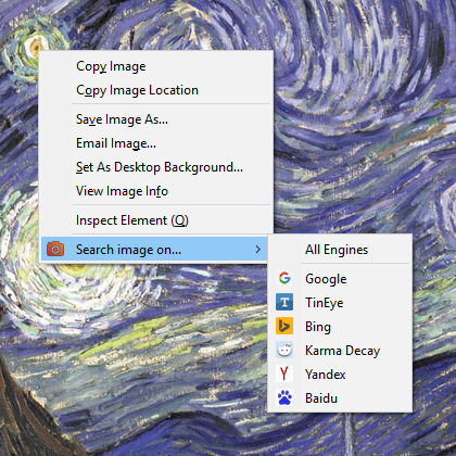 Firefox right-click menu on a painting with a "Search image on…" submenu listing All Engines, Google, TinEye, Bing, Karma Decay, Yandex and Baidu