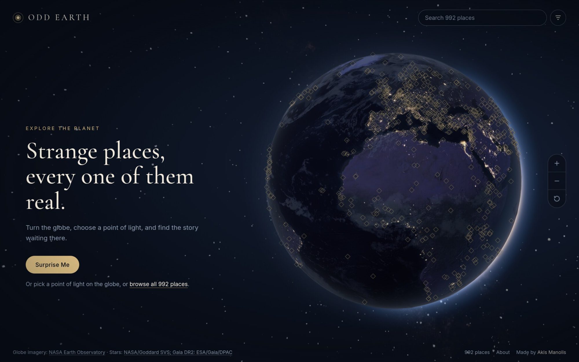 The Odd Earth home page: a night-side globe covered in gold points of light, the line "Strange places, every one of them real" and a Surprise Me button